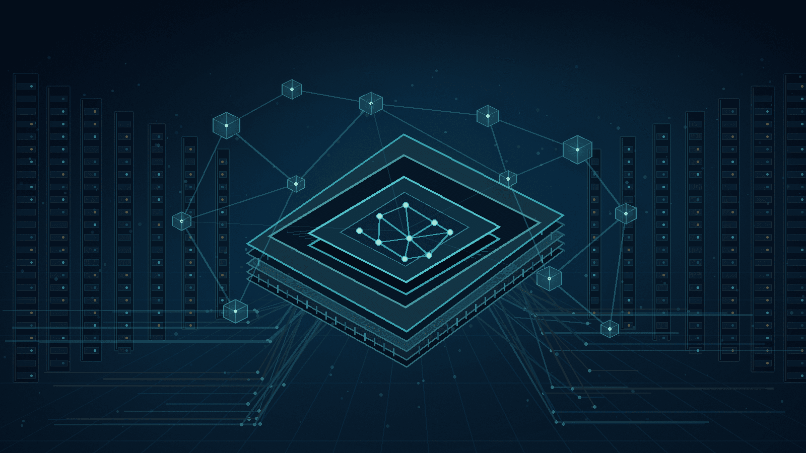 Illustration of an AI risk management system with a central processor, interconnected blockchain nodes, and server infrastructure representing decentralized data analysis and risk assessment.
